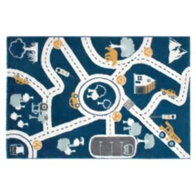 Tapis enfant - 100 x 150 cm - bleu, beige et jaune -  ROADY