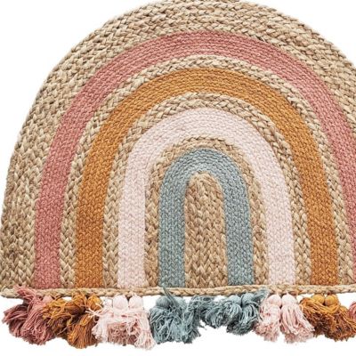 Tapis enfant arc-en-ciel à pompons en fibre naturelle 72x52cm