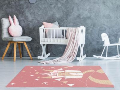 Tapis enfant château féerique - Finition brillante lurex - 120 x 170 cm - Rose et doré - PRINCESIA