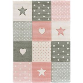 Tapis enfant fille - Etoile et coeur - Rose pastel gris crème - 160 x 230 cm