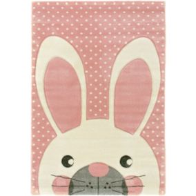 Tapis enfant fille - Lapin blanc - Rose pastel à pois - 120 x 170 cm