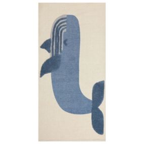 Tapis enfant imprimé baleine en coton 80 x 150 cm beige et bleu SELAI