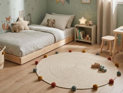 Tapis enfant rond en coton beige à pompons arlequin Ø.90 cm Atmosphera For Kids