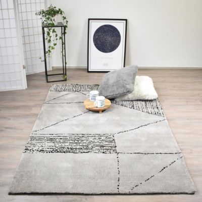 tapis entrée 120x170 fait à la main gris et noir rectangle motif géométrique