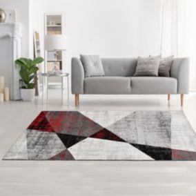 tapis entrée 120x170 tissé gris et rouge rectangle motif géométrique ROSALINE