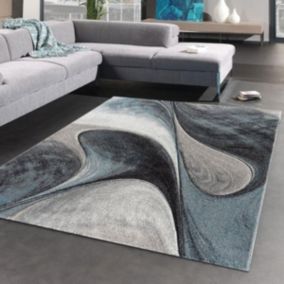 tapis entrée 40x60 tissé bleu et gris rectangle motif géométrique MADILA