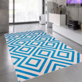 tapis entrée 60x110 tissé bleu rectangle motif géométrique AF1 NICE