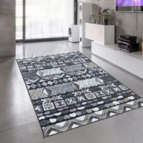 tapis entrée 60x110 tissé gris anthracite et gris clair motif ethnique