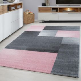 tapis entrée 80x150 tissé rose et gris rectangle motif géométrique KARLUK