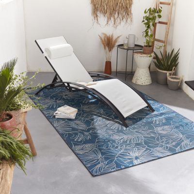 Tapis extérieur/intérieur 160 x 230 bleu canard avec motif exotique blanc