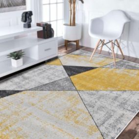 tapis grand salon 240x320 tissé jaune et gris rectangle motif géométrique