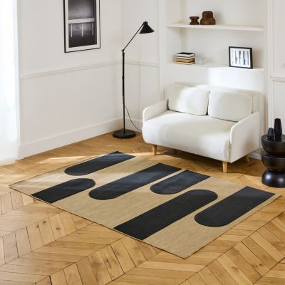 Tapis intérieur/extérieur beige motif géométrique noir 120x170cm tissé plat