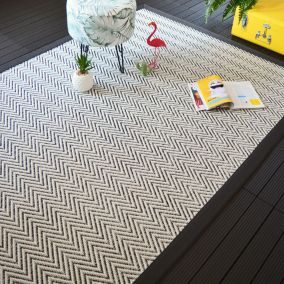 Tapis intérieur / extérieur tissé plat - Java Chevron blanc - Ganse noire - 80 x 150 cm