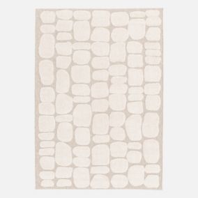 Tapis intérieur motif ethnique imitation pavés 120 x 170cm poils ras. beige et crème