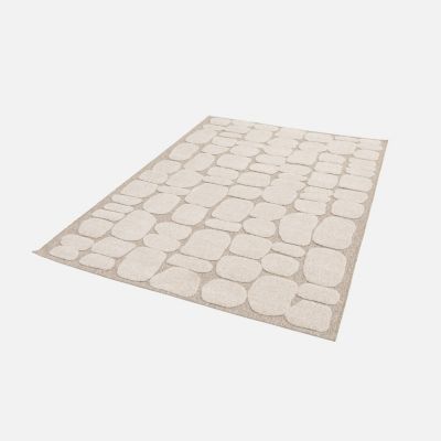 Tapis intérieur motif ethnique imitation pavés 120 x 170cm poils ras. beige et crème