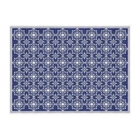 Tapis intérieur ou extérieur effet carreaux de ciment - 150 x 200 cm - Bleu et blanc - BAYONA