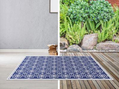 Tapis intérieur ou extérieur effet carreaux de ciment - 150 x 200 cm - Bleu et blanc - BAYONA