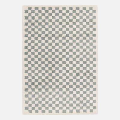 Tapis intérieur shaggy poils longs 120x170cm damier bleu clair et crème