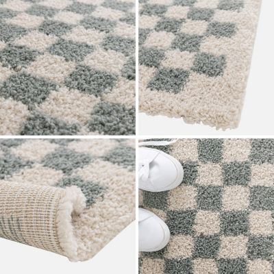 Tapis intérieur shaggy poils longs 120x170cm damier bleu clair et crème