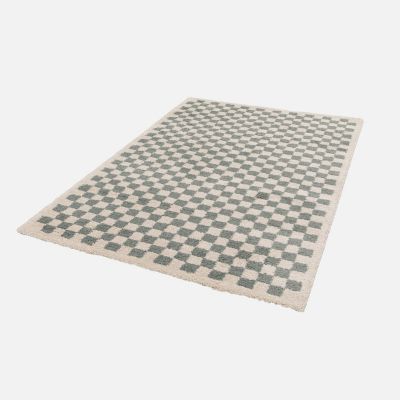 Tapis intérieur shaggy poils longs 120x170cm damier bleu clair et crème