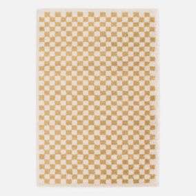 Tapis intérieur shaggy poils longs 200x290cm damier jaune moutarde et crème