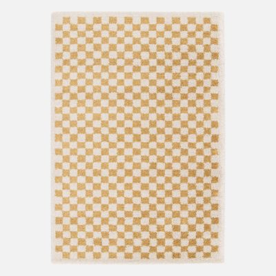 Tapis intérieur shaggy poils longs 80x150cm damier jaune moutarde et crème