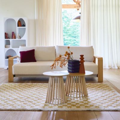 Tapis intérieur shaggy poils longs 80x150cm damier jaune moutarde et crème