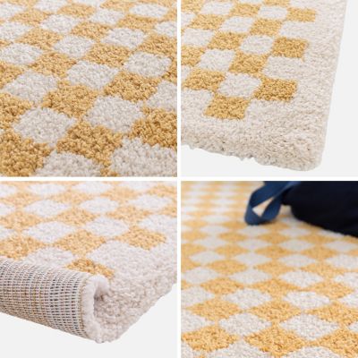 Tapis intérieur shaggy poils longs 80x150cm damier jaune moutarde et crème