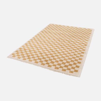 Tapis intérieur shaggy poils longs 80x150cm damier jaune moutarde et crème