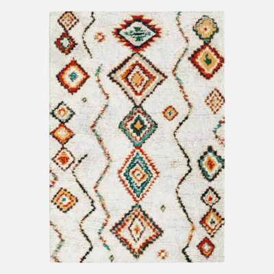 Tapis intérieur shaggy. style berbère. poils longs. crème et multicolore 120 x 170cm