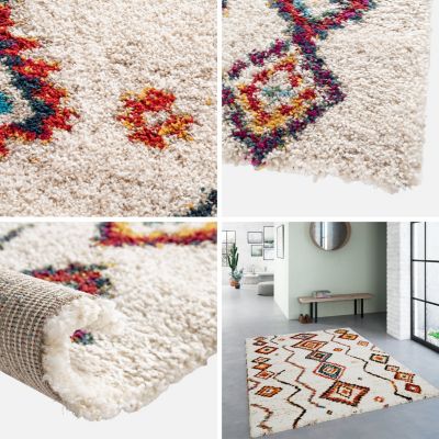 Tapis intérieur shaggy. style berbère. poils longs. crème et multicolore 120 x 170cm