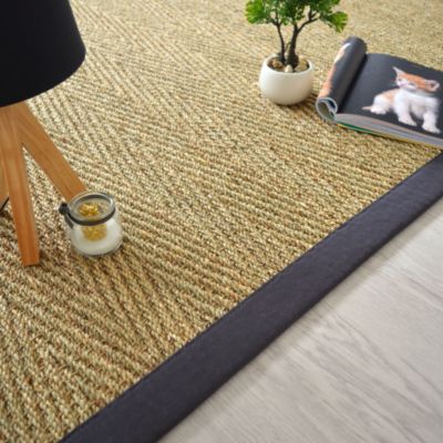 Tapis Jonc de mer - Assam chevron - Ganse coton anthracite - 200 x 200 cm