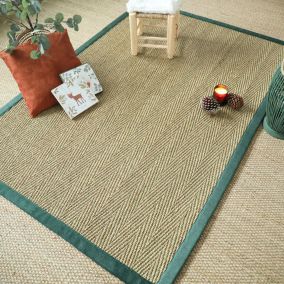 Tapis Jonc de mer - Assam chevron - Ganse lin vert sapin - 120 x 170 cm