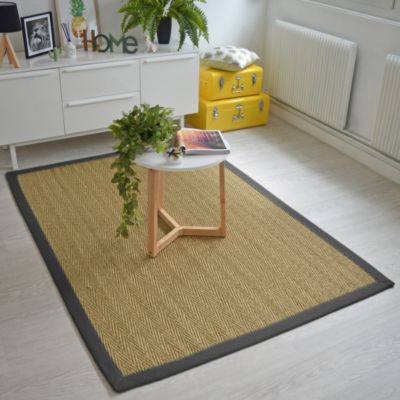 Tapis Jonc de mer - Bihar fin chevron - Ganse coton anthracite - 80 x 150 cm