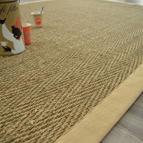 Tapis Jonc de mer - Bihar fin chevron - Ganse coton beige - 120 x 170 cm