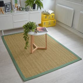 Tapis Jonc de mer - Bihar fin chevron - Ganse coton vert olive - 120 x 170 cm