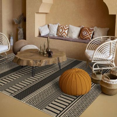 Tapis kilim tissé motif ethnique LONA 1, noir, beige