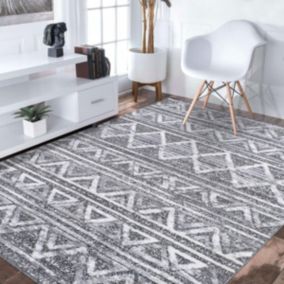 Tapis longs poils shaggy 120x170 rectangle tissé gris et blanc motif berbère