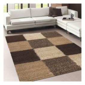 Tapis longs poils shaggy 65x130 rectangle tissé beige motif damier NORLAZ