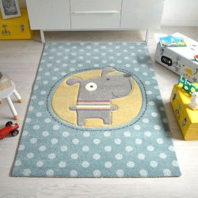 Tapis Mérinos Enfant Doggy - Chien marrant - Bleu à pois - 120 x 170 cm