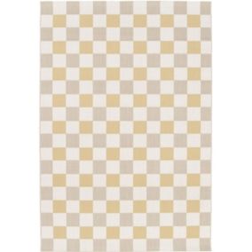 Tapis motif damier en matière recyclée - Andy - Beige et ocre - 160 x 230 cm