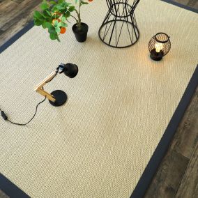 Tapis naturel en Sisal - Veracruz chevron - Blanchi - Ganse coton anthracite - 120 x 170 cm