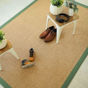 Tapis naturel en Sisal - Veracruz chevron - Ecru - Ganse coton vert olive - 120 x 170 cm