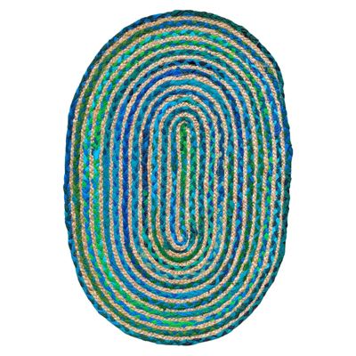 Tapis ovale 60 x 90 cm tressage en jute et tissu bleu - vert - CLOPIN