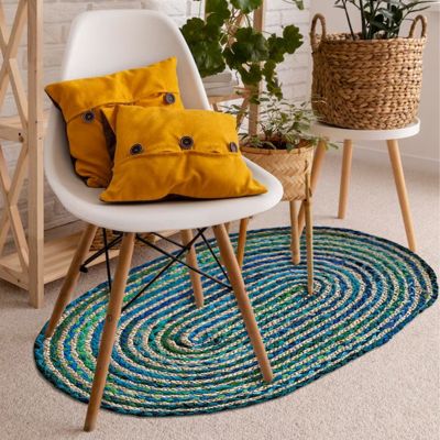 Tapis ovale 60 x 90 cm tressage en jute et tissu bleu - vert - CLOPIN