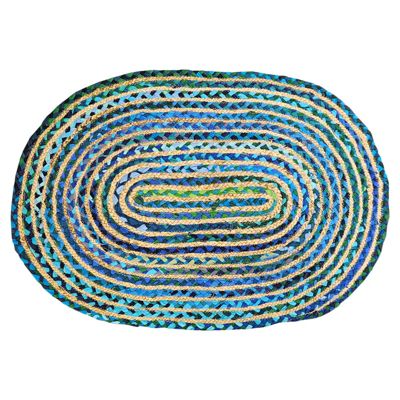 Tapis ovale 60 x 90 cm tressage en jute et tissu bleu - vert - CLOPIN