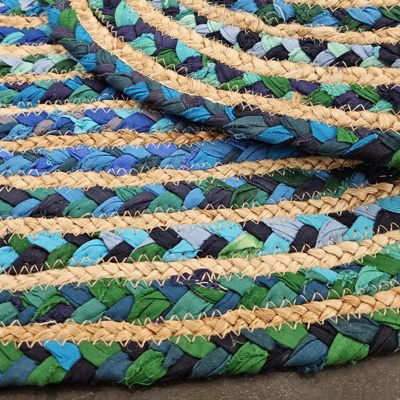 Tapis ovale 60 x 90 cm tressage en jute et tissu bleu - vert - CLOPIN