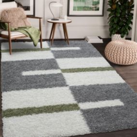 Tapis poils longs shaggy 100x200 rectangle tissé gris et crème