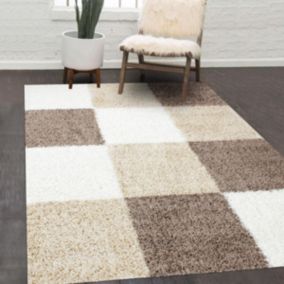 Tapis poils longs shaggy 120x170 rectangle tissé beige et marron motif damier