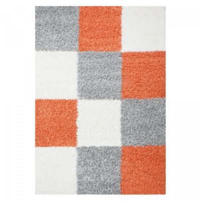 Tapis poils longs shaggy 120x170 rectangle tissé orange et gris motif damier